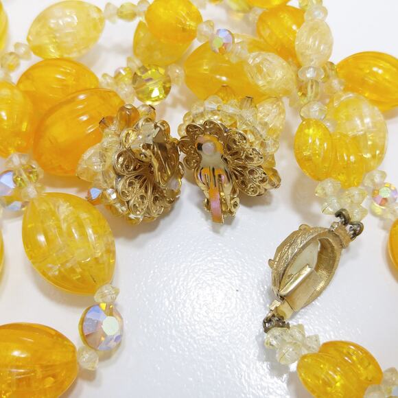 Vintage  Yellow Orange Lucite Beaded Necklace & Earrings, AB Crystals, 1960s - Picture 8 of 10